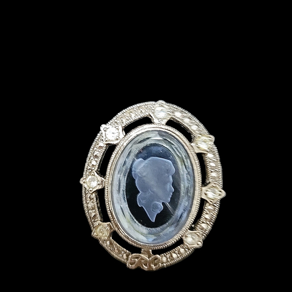 Vintage Avon Silvertone Brooch Pin Etched Blue Cameo w Marcasite & Rhinestones